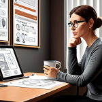 A warm, inviting illustration of a marketing strategist, a woman or man in their 30s-40s with a thoughtful expression, sitting at a desk with a cup of coffee. On the desk are papers and a tablet displaying a detailed "buyer persona" profile, featuring sketches or keywords like "dreams," "fears," and "daily challenges." The background is a soft-focus office or creative workspace, emphasizing empathy and deep understanding of the customer.