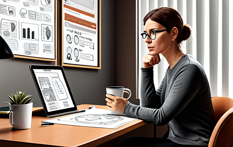 A warm, inviting illustration of a marketing strategist, a woman or man in their 30s-40s with a thoughtful expression, sitting at a desk with a cup of coffee. On the desk are papers and a tablet displaying a detailed "buyer persona" profile, featuring sketches or keywords like "dreams," "fears," and "daily challenges." The background is a soft-focus office or creative workspace, emphasizing empathy and deep understanding of the customer.